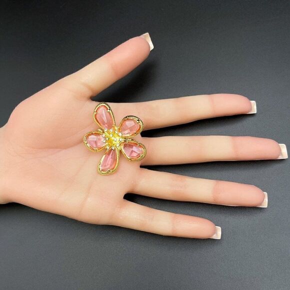 Yellow Gold with Pink Sapphire and White Diamond Crystal Flower Pin Back Brooch - Picture 8 of 8